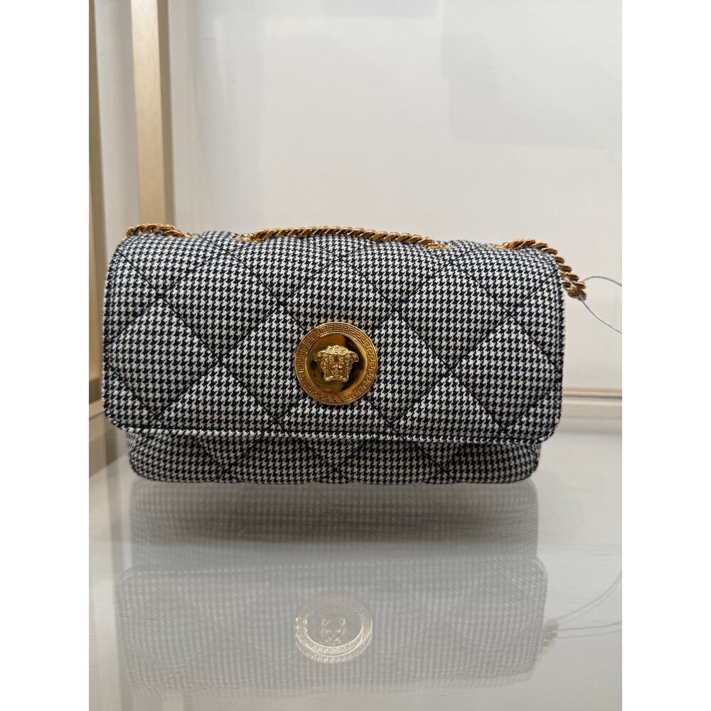 Versace black grey gold Medusa quilted flap bag